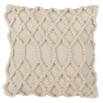 18"x18" Diamond Weave Square Pillow Cover Ivory - Saro Lifestyle: Wool Textile, Traditional Decor, Zippered Closure