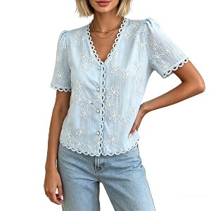 Womens Floral Embroidered Blouse V Neck Short Puff Sleeve Button
