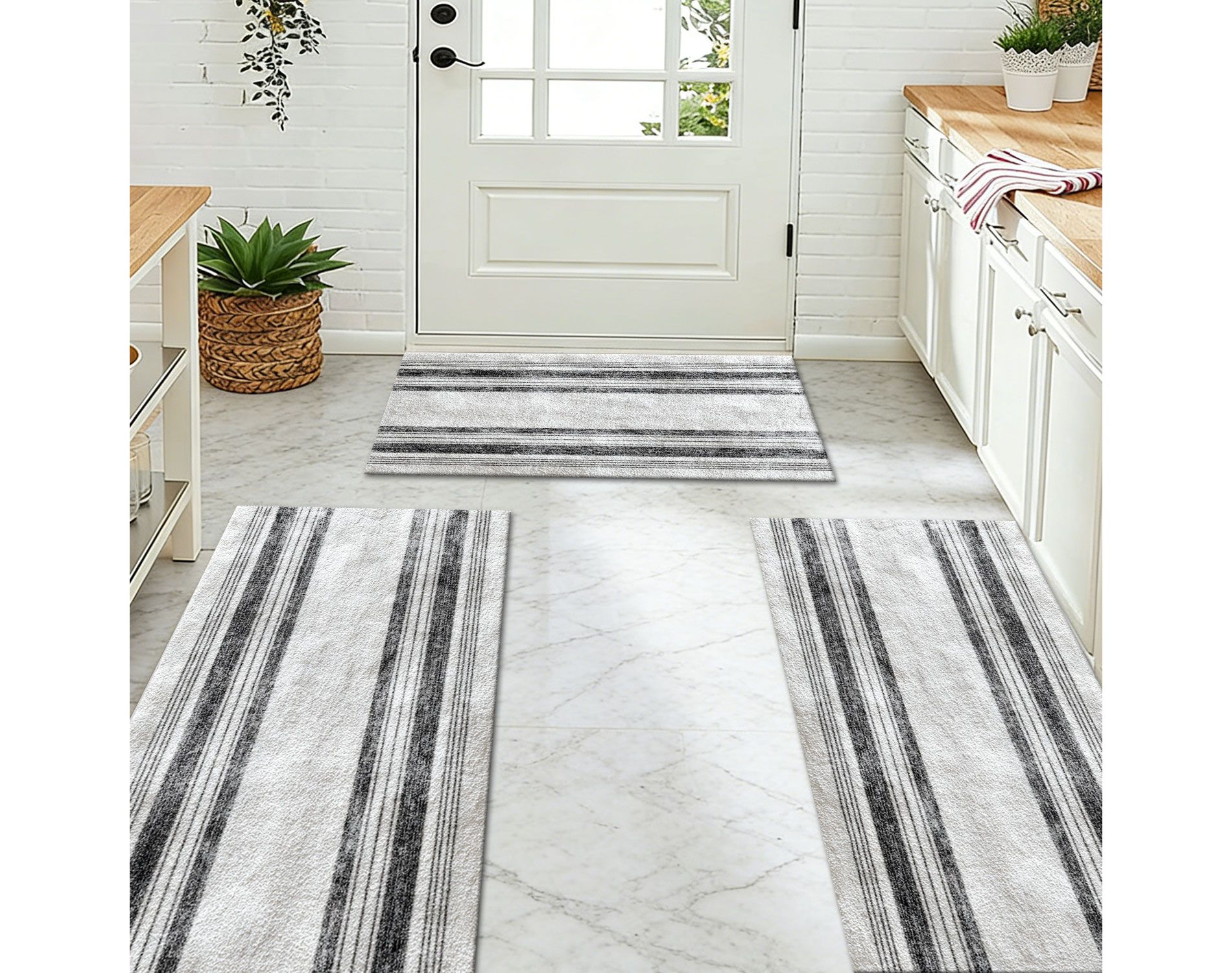 ACOINEL Black White Gray Striped Kitchen Rug Set 3 Piece, Non Slip Washable Kitchen Mats for Sink, Hallway, Entryway, Bathroom