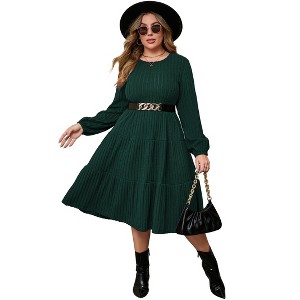 Clearlove Plus Size Women's Casual Knit Long Sleeve Swing Dress with Belt - 1 of 4