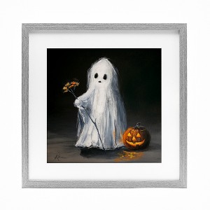 Stupell Industries Vintage Halloween Ghost & Pumpkin Framed Print Under Glass Art, Gray, 13" x 13" - 1 of 4