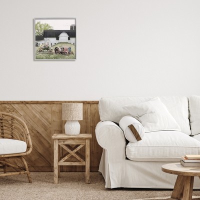 Gray Framed Farmhouse Tractor and Flower Field Canvas Print, 17 x 17