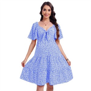 Clearlove Dresses for Women Summer Casual Short Sleeve Deep V Neck Tie Front Beach Wedding Mini Dress - 1 of 3
