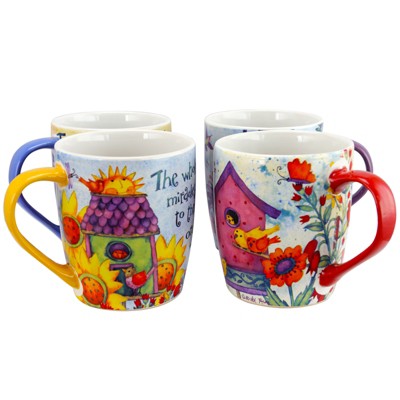 Gibson Birdhouse Floral 18 oz Cup Set in 4 Assorted Designs