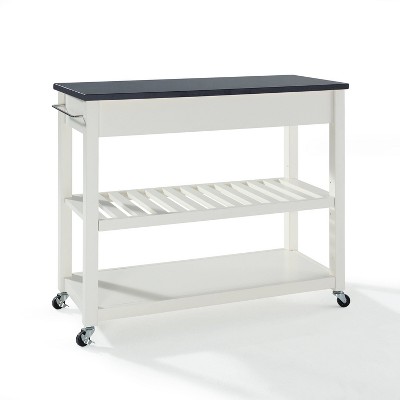 White Granite Top Kitchen Cart with Wine Rack and Storage