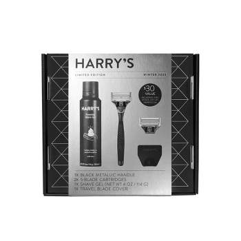 Harry's Holiday Gift Set for Men — Black Metallic Handle + 2ct Razor Blade Cartridges + Travel Blade Cover + 1 Foaming Shave Gel