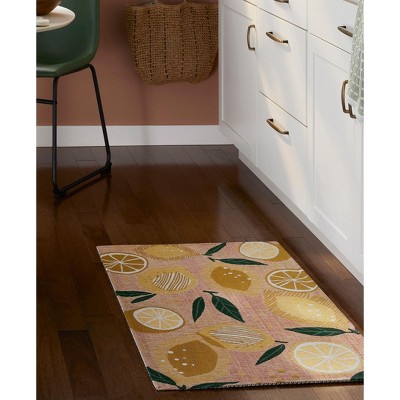 Peach Pink Lemon Print Polyester Rectangular Kitchen Mat