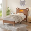 VECELO Twin Kid Bed Frame, Wooden Upholstered Platform Bed Frame with LED Lights & Bear-Shaped Adjustable Headboard, No Box Spring Needed, Brown - 2 of 4
