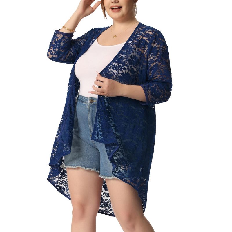 Agnes Orinda Women's Plus Size Lace Sheer High Low 3/4 Sleeve Open Front Cardigans, 2 of 6