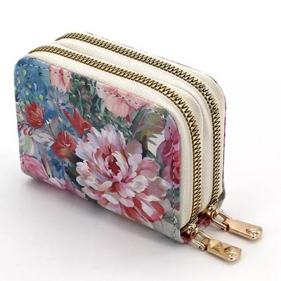 BEAFUP Credit Card Holder Wallet for Women,PU Leather Floral Card Organizer Case Zipper Multi-Card Slot,Multi-function Compact Size Coin Purse