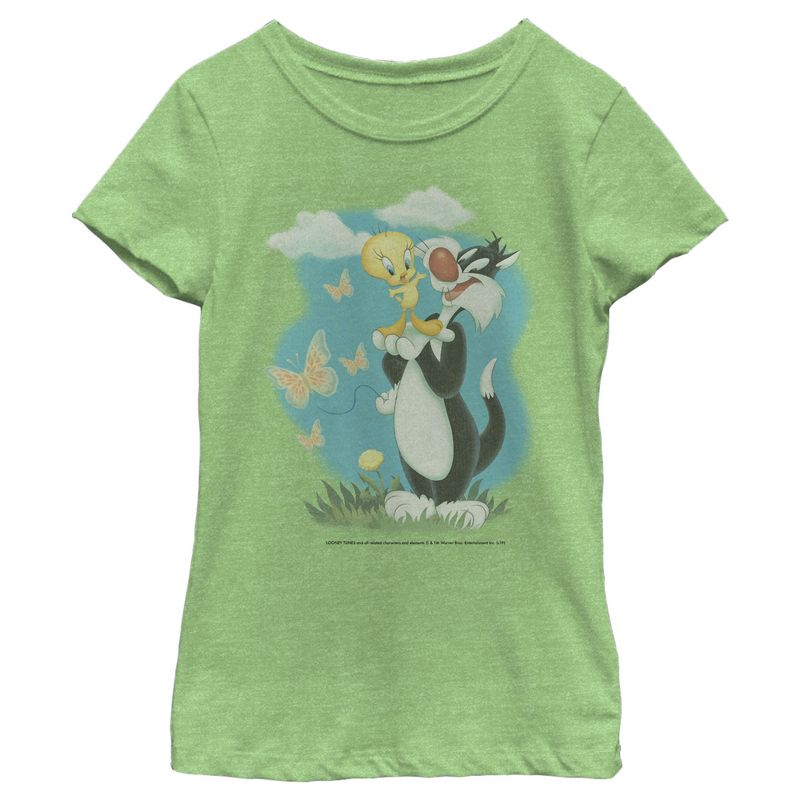 Girl's Looney Tunes Sylvester and Tweety Bird Butterfly Portrait T-Shirt, 1 of 4