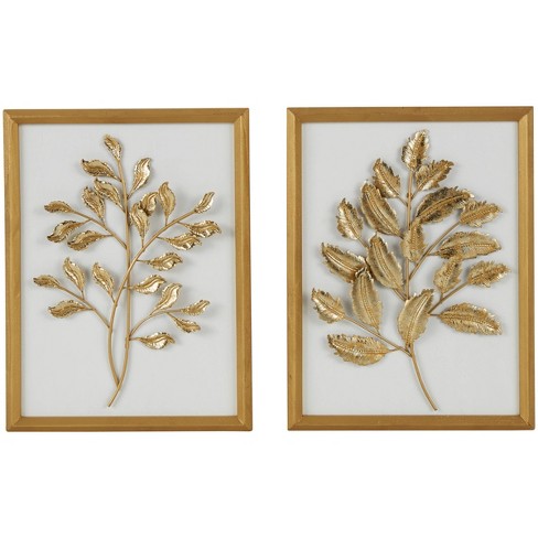 Wood Leaf Framed Wall Art With White Frame Set Of 4 Dark Green - Olivia &  May : Target