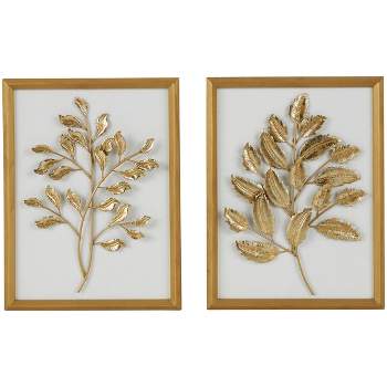 Set of 2 Wood Leaf 3D Wall Decors with Beveled Frame Gold - Olivia & May