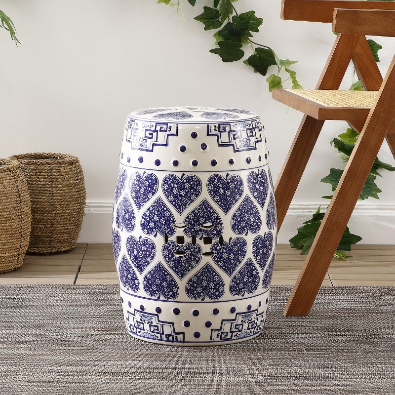 JONATHAN Y Happy Hearts 17.8" Chinoiserie Ceramic Drum Garden Stool, Blue/White, 2 of 7