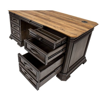Brown Wood Double Pedestal Executive Desk with Drawers