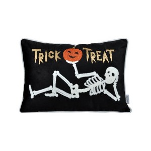 Yukimo 20"H Trick or Treat Skeleton Velvet Lumbar Pillow, Embroidered Halloween Accent with Jack-O'-Lantern Detail and Gold Stitching - 1 of 4