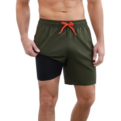 Mens Swimsuit Trunks 7" Quick-Dry Swim Shorts with Compression Liner and Zipper Pockets Beach Shorts Bathing Bathing Suits for Men - Army Green,2XL