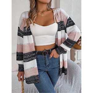 Coolmee Women's Striped Cardigan Sweaters Open Front Fall Hollow Out Contrast Color Block Long Lantern Sleeve Knit Sweater Coats L Pink - 1 of 4