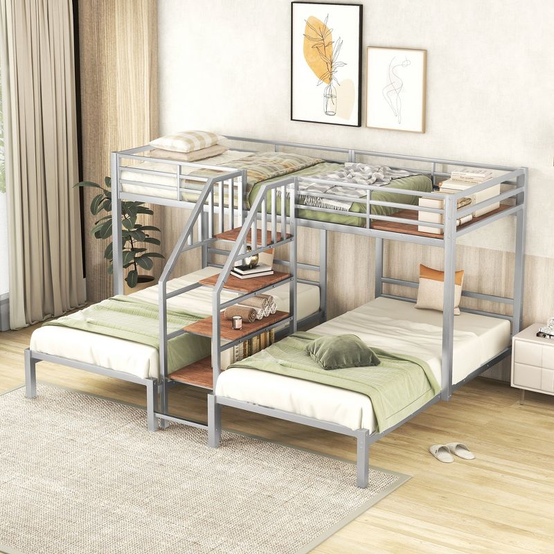 Metal Twin over Twin & Twin Bunk Bed, Triple Bunk Bed with Storage Shelves Staircase - ModernLuxe, 1 of 10