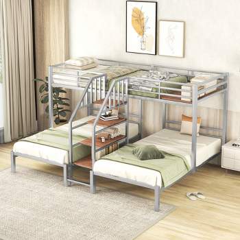 Metal Twin over Twin & Twin Bunk Bed, Triple Bunk Bed with Storage Shelves Staircase - ModernLuxe