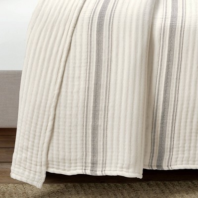 Full/Queen Gray Cotton Reversible Farmhouse Stripe Quilt