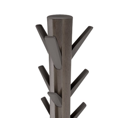 Gray Rubberwood Modern Freestanding Coat Rack with 9 Hooks