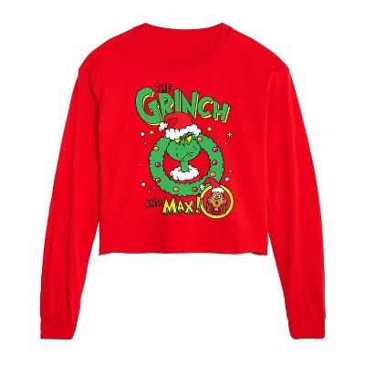 Dr. Seuss The Grinch - Christmas The Grinch & Max Cropped Long Sleeve T-Shirt - Red - 2 X-Large