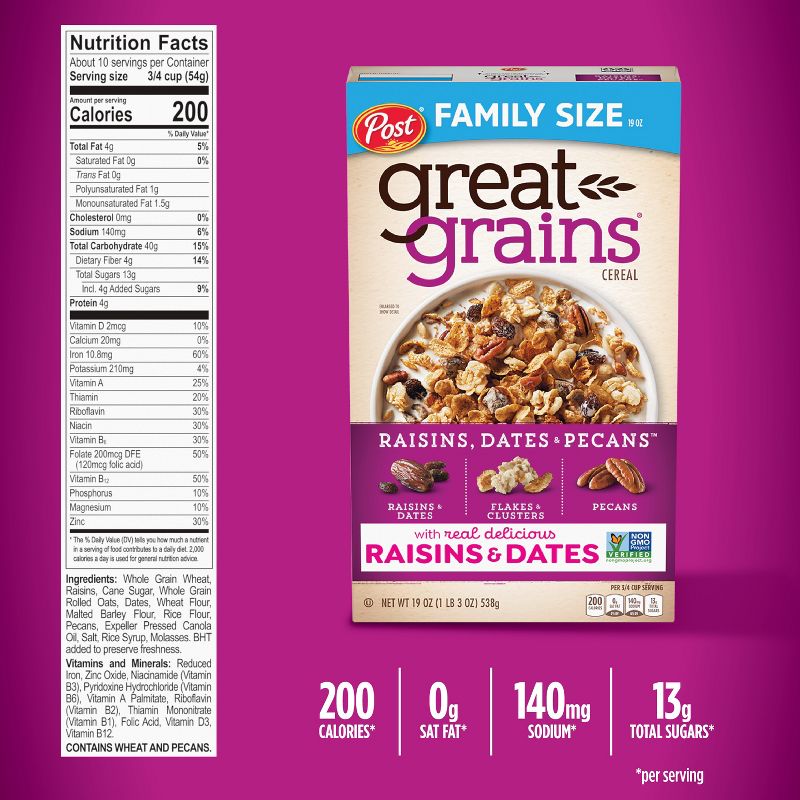 Great Grains Selects Cereal Raisins, Dates and Pecans Breakfast Cereal - 16oz - Post, 6 of 13