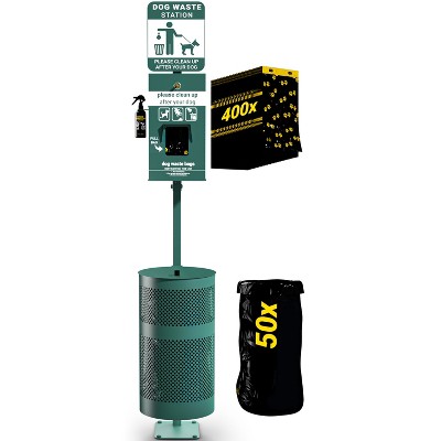 Emma and Oliver Pet Waste Station-Pull Out Bag Dispenser-Sanitizer Bottle-Trash Can w/Lid-Green