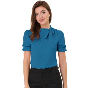 INSPIRE CHIC Women's Bow Tie Neck Solid Color Elastic Cuffs Elegant Office Short Sleeve Blouse - 1 of 4