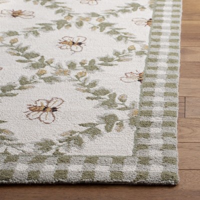 Handmade Ivory and Green Floral Wool Runner Rug