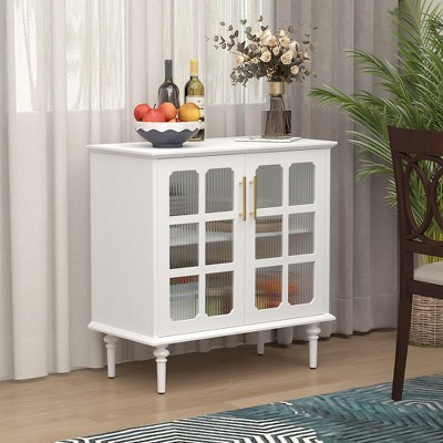 COMHOMA White Fluted Cabinet with Glass Doors, Vintage Style Storage Credenza with Adjustable Shelves for Dining Room