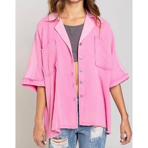 Women's Short Sleeve Shacket - POL L - 1 of 4