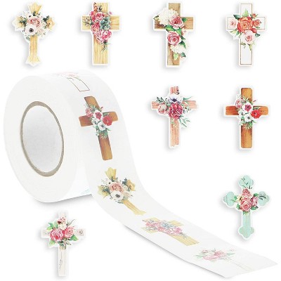 500-Count Christian Stickers, 1 Roll of Floral Cross Labels for Christening Baptism Parties