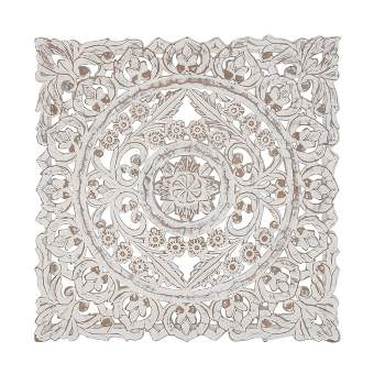 Wood Floral Handmade Intricately Carved Wall Decor with Mandala Design Gray  - Olivia & May