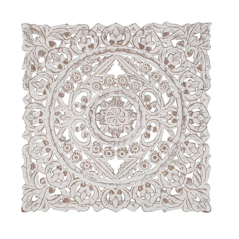 Wood Floral Handmade Intricately Carved Wall Decor with Mandala Design Gray  - Olivia &#38; May, 1 of 17
