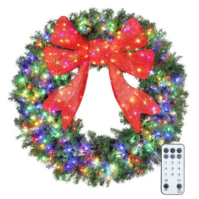 HOMCOM 60in Pre-Lit Christmas Wreath with 3D Red Bow, Christmas Wreath for Front Door with 11 Lighting Modes, 300 LED Lights
