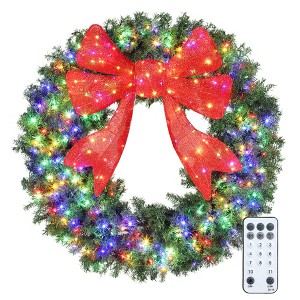 HOMCOM 60in Pre-Lit Christmas Wreath with 3D Red Bow, Christmas Wreath for Front Door with 11 Lighting Modes, 300 LED Lights - 1 of 4