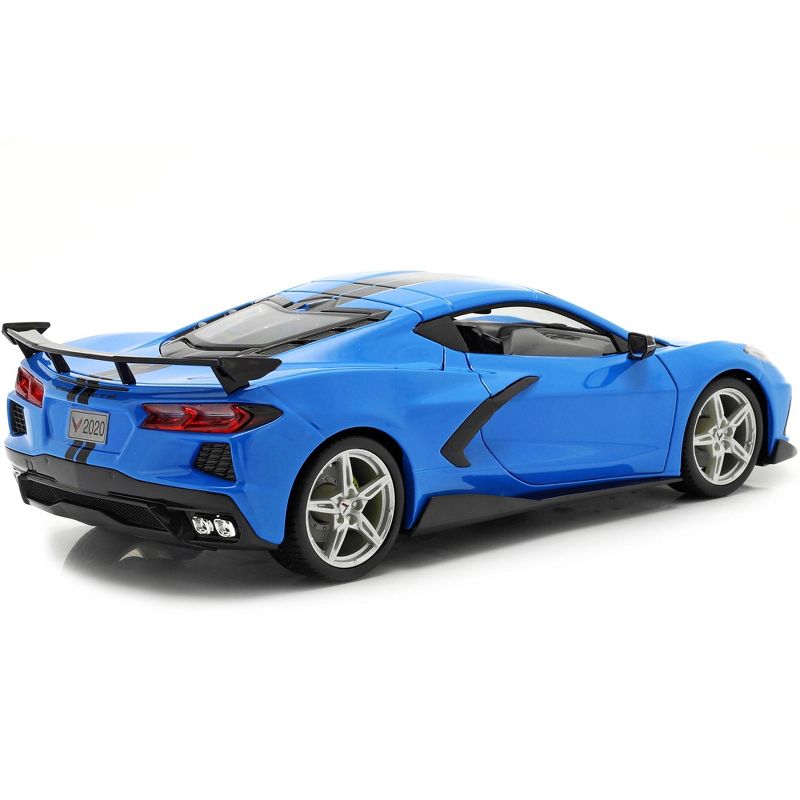 2020 Chevrolet Corvette Stingray C8 Coupe with High Wing Blue with Black Stripes 1/18 Diecast Model Car by Maisto, 5 of 7