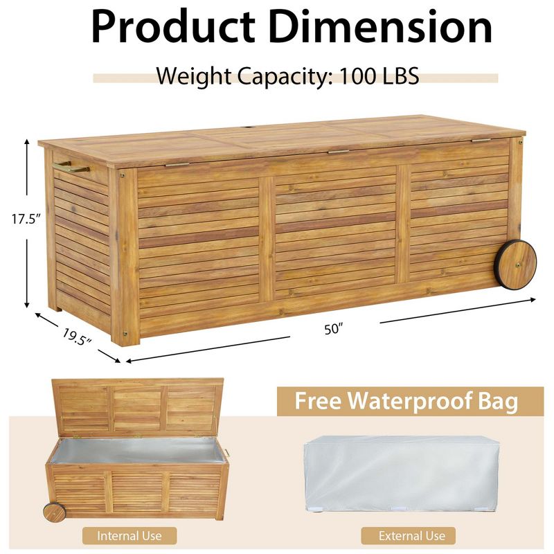 Costway 48 Gallon Acacia Wooden Patio Storage Deck Box Outdoor Storage Box with Wheels, 3 of 11