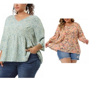 Women's Plus Size 2 Pieces V Neck Babydoll 3/4 Sleeve Pleat Floral Flowy Blouses - Agnes Orinda - 1 of 4