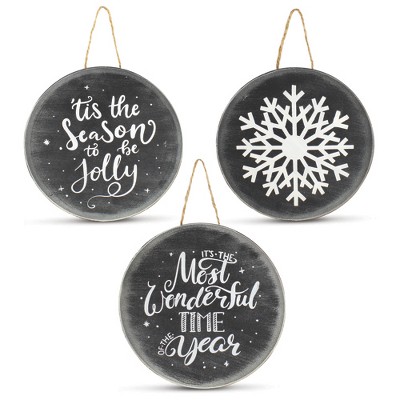 AuldHome Design 8" Chalkboard Sign Ornaments, 3pc Set; Jumbo Blackboard Style Round Metal Decor