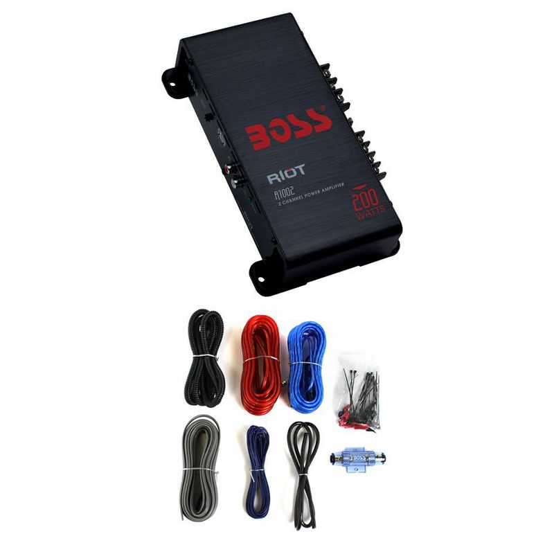 BOSS R1002 200W 2-Channel RIOT Car Audio Power Amplifier Amp + 8 Gauge Amp Kit, 1 of 6
