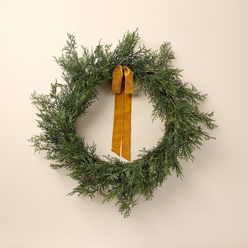 26" Faux Cypress Christmas Wreath with Velvet Ribbon Trim - Hearth & Hand™ with Magnolia