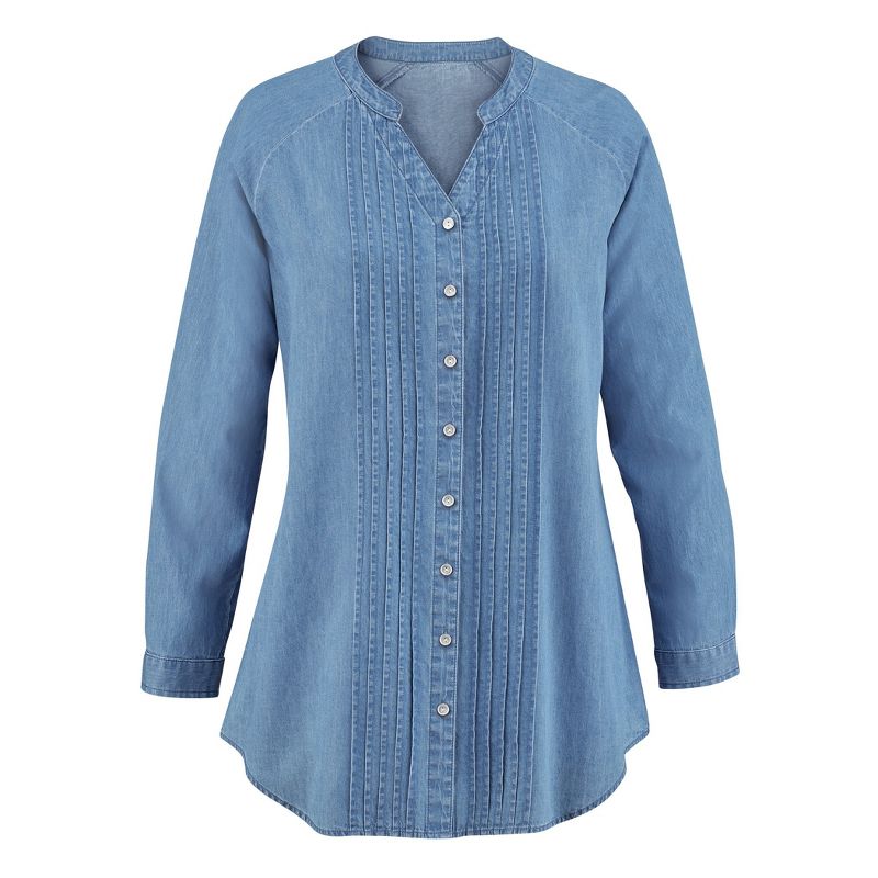 Collections Etc Pintuck V-neck Denim Tunic, 1 of 5