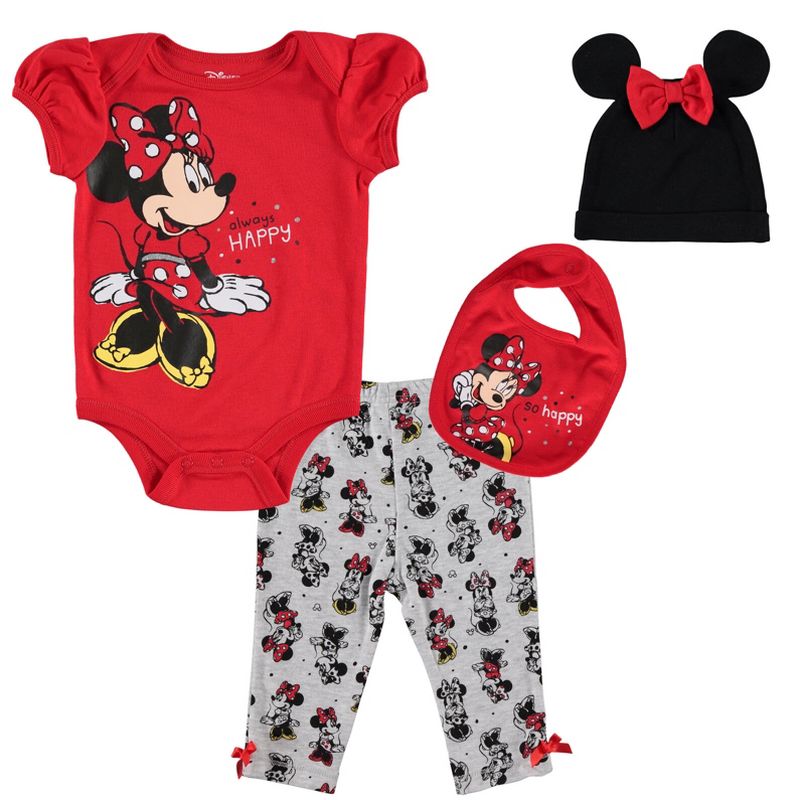 Disney Minnie Mouse Baby Girls Bodysuit Pants Bib and Hat 4 Piece Outfit Set Newborn to Infant, 1 of 10
