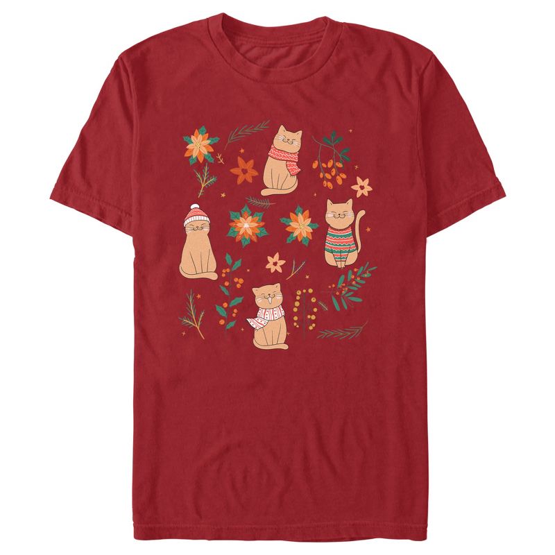 Men's Lost Gods Christmas Floral Cats T-Shirt, 1 of 6