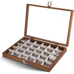 30-Grid Wooden Jewelry Tray with Clear Lid, Vintage Style Display Case for Rings & Earrings - 1 of 4