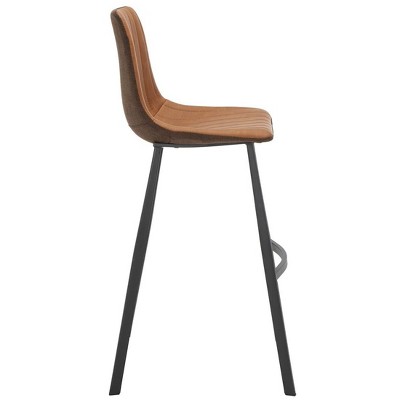 Cognac Vegan Leather & Black Iron Saddle Bar Stool