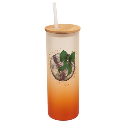 Elanze Designs 25 Ounce Frosted Glass Gradient Travel Tumbler With Straw and Wooden Lid, Baseball With Green Bow Orange